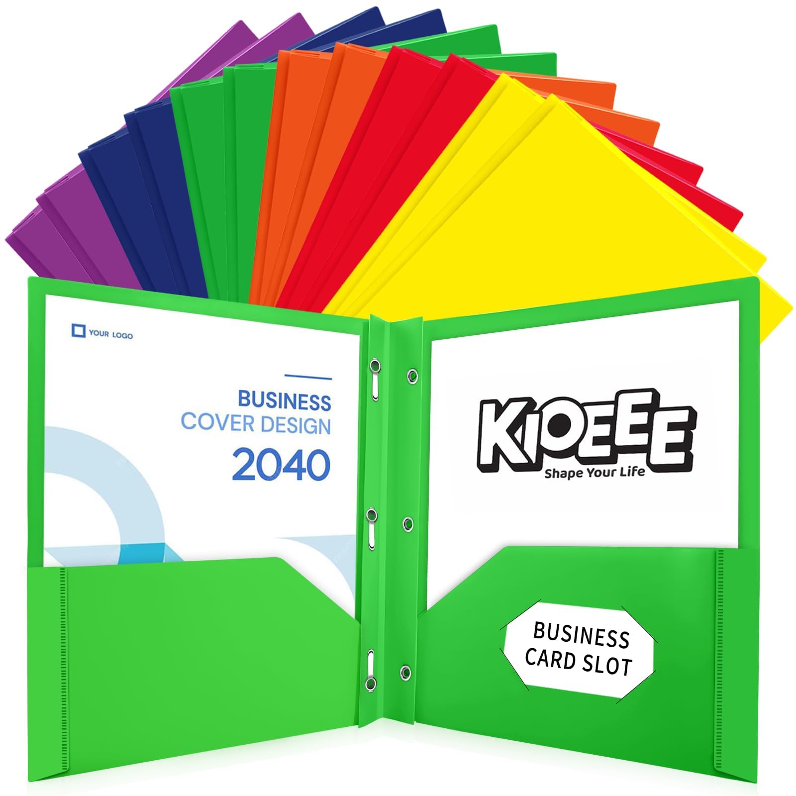 KIOEEE 12 Pack Heavy Duty Plastic Folders with 2 Pockets and 3 Prongs,Fit Letter Size Paper, Business Card Slot, Assorted Colors for School,Office and Home