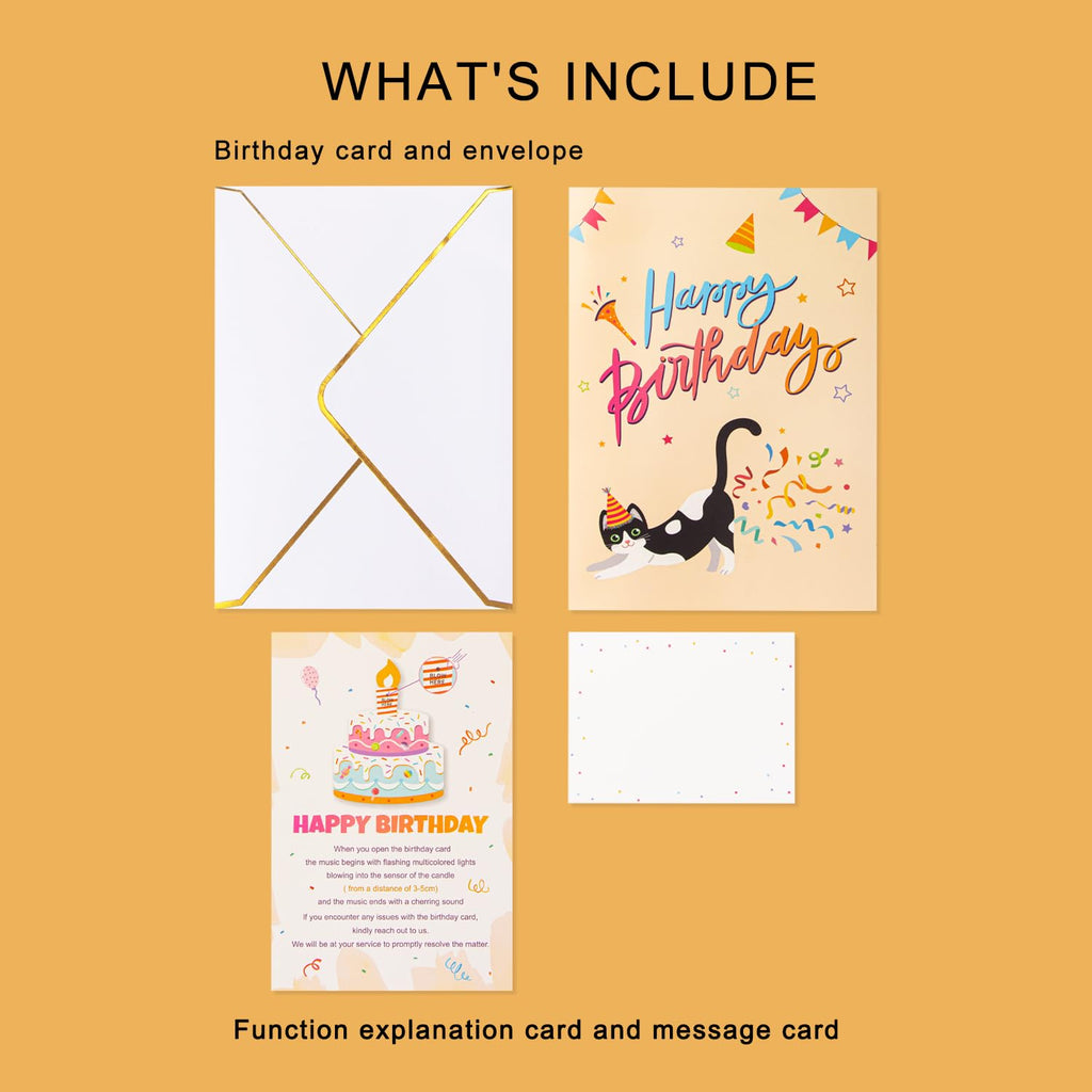 Ribbli Birthday Cards, Cat Pop Up Card with Light and Music, Musical Cat Birthday Card for Men Women, 8.2 x 5.7 Inches with Envelope