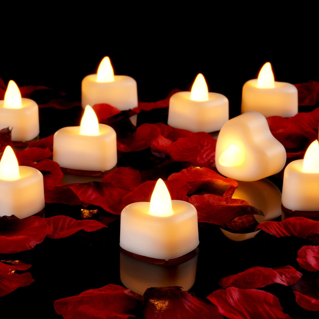 AMAGIC 24 Pack Heart White Tealights with 2000 Pas Red Black Artificial Petals, Battery Candle Flameless Tea Light, for Proposal, Valentine's Day, Wedding, Romantic Night Decor