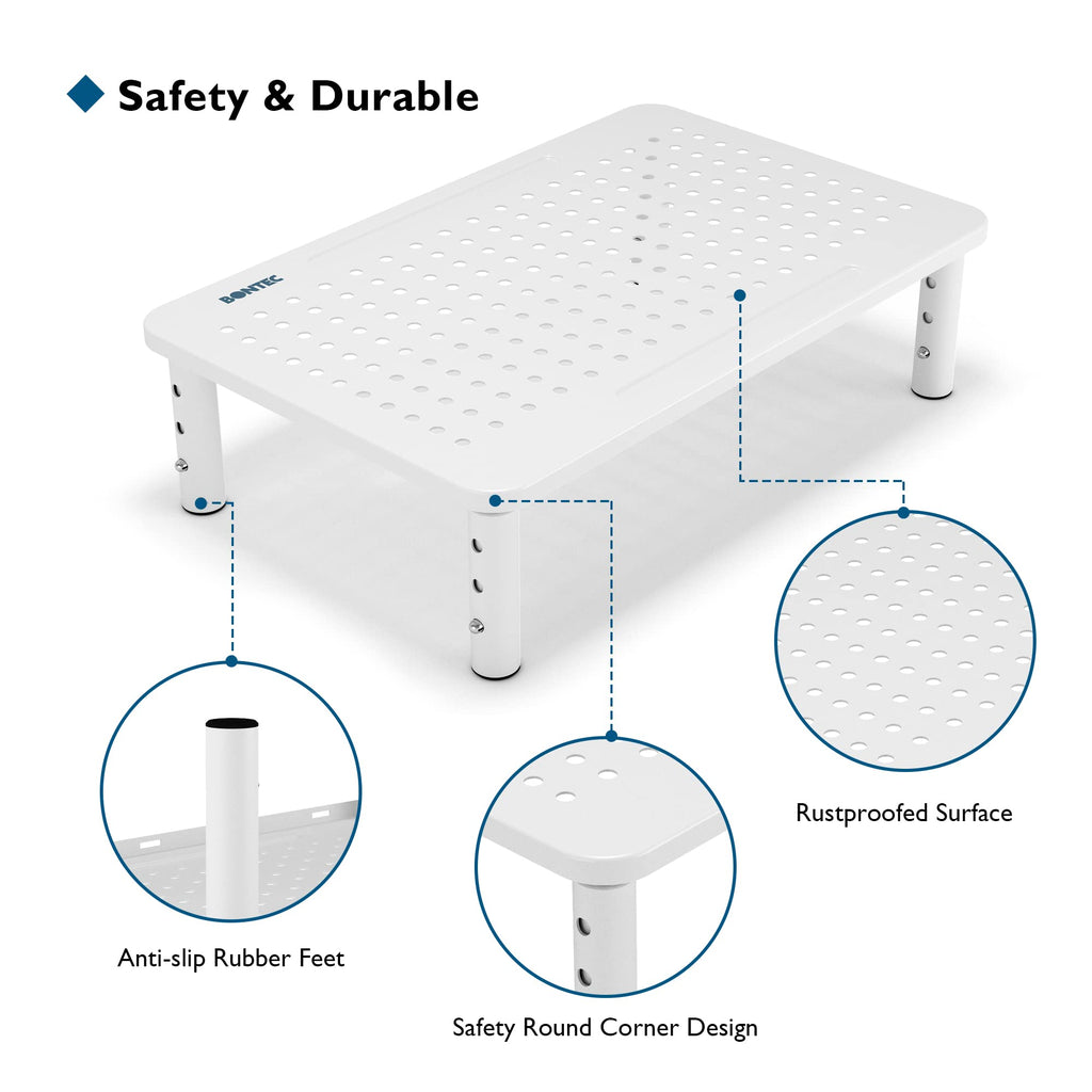BONTEC 2 Pack Monitor Stand Riser, 3 Height Adjustable Monitor Stand for Desk, Computer Monitor Riser Stand with Mesh Platform for Laptop, Computer, iMac, PC (White)
