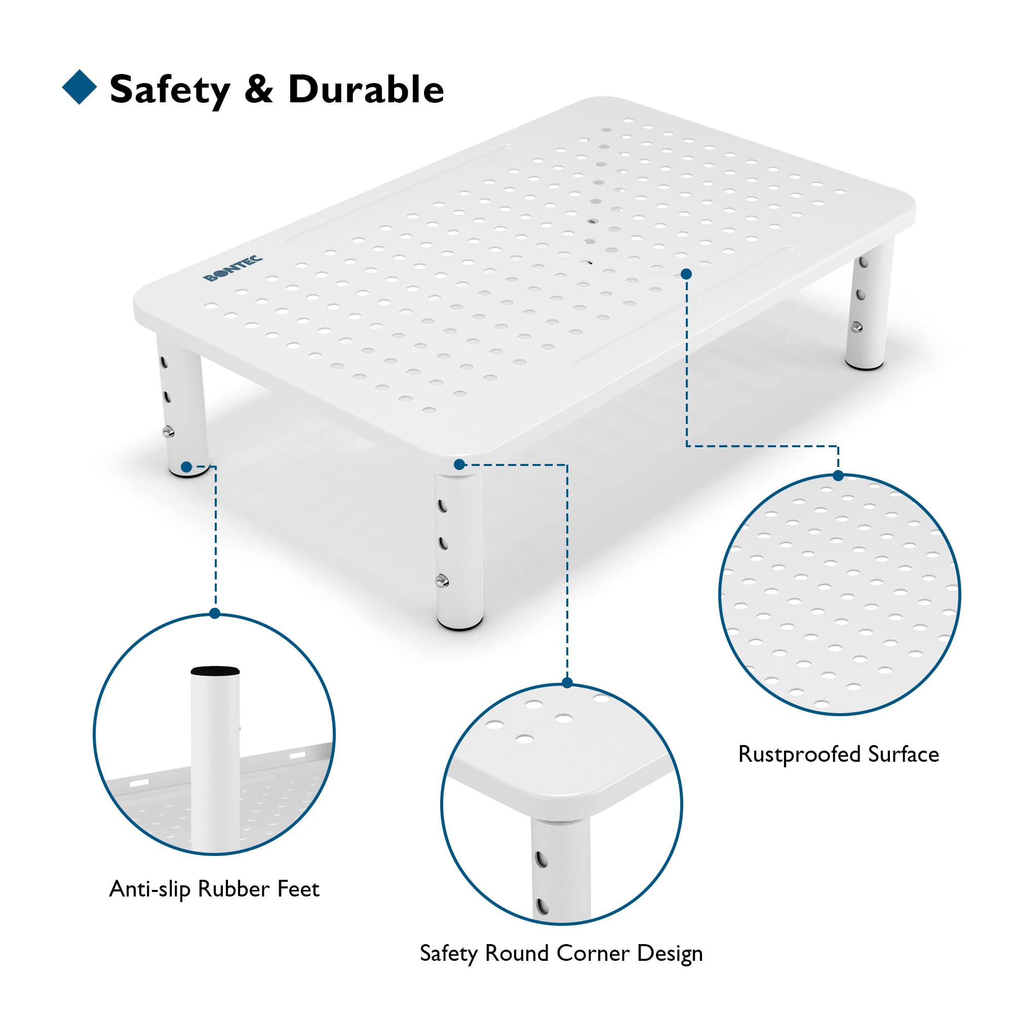 BONTEC 2 Pack Monitor Stand Riser, 3 Height Adjustable Monitor Stand for Desk, Computer Monitor Riser Stand with Mesh Platform for Laptop, Computer, iMac, PC (White)