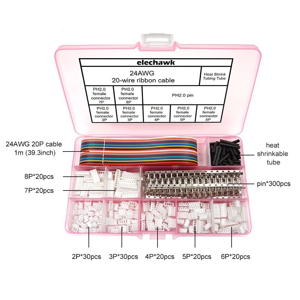 JST PH 2.0 Connectors Pin Header and Ribbon Cable Wire Kit 2.0mm Pitch JST PH - 2/3/4/5/6/7/8 Female Pin Male Housing