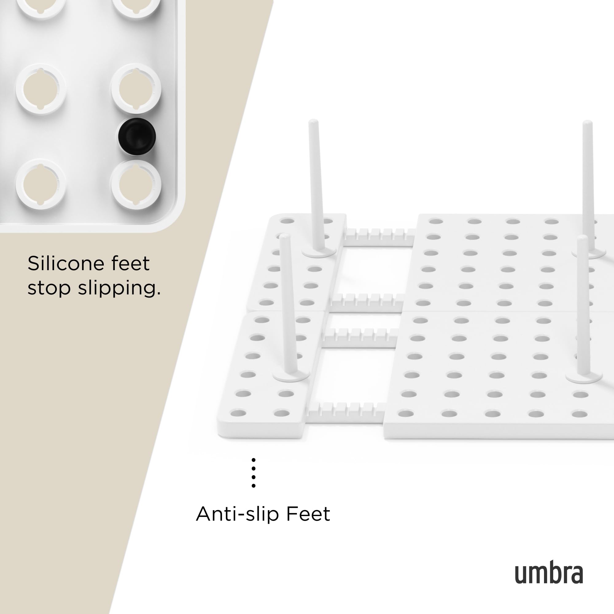 Umbra Peggy Kitchen Drawer Cupboard Organizer Tray - Adjustable Storage System For Food Containers, Cookware, Serveware, Utensils and More, White