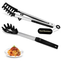 Silicone Spaghetti Spoon and Pasta Tong, Heat-Resistant Noodle Spoon Server, BPA-Free Spaghetti Strainer, Fork with Teeth and Stainless Steel Handle, Food-Grade Clip for Pasta, Black