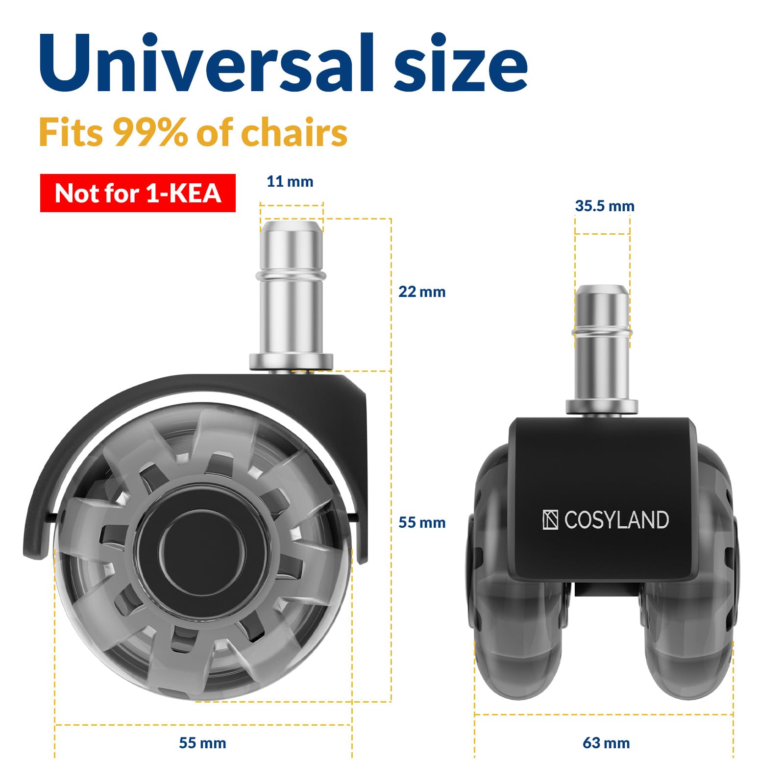 COSYLAND Office Chair Wheels Replacement - Rubber Chair casters for Hardwood Floors and Carpet, Set of 5, Heavy Duty Office Chair casters for Chairs to Replace Silver
