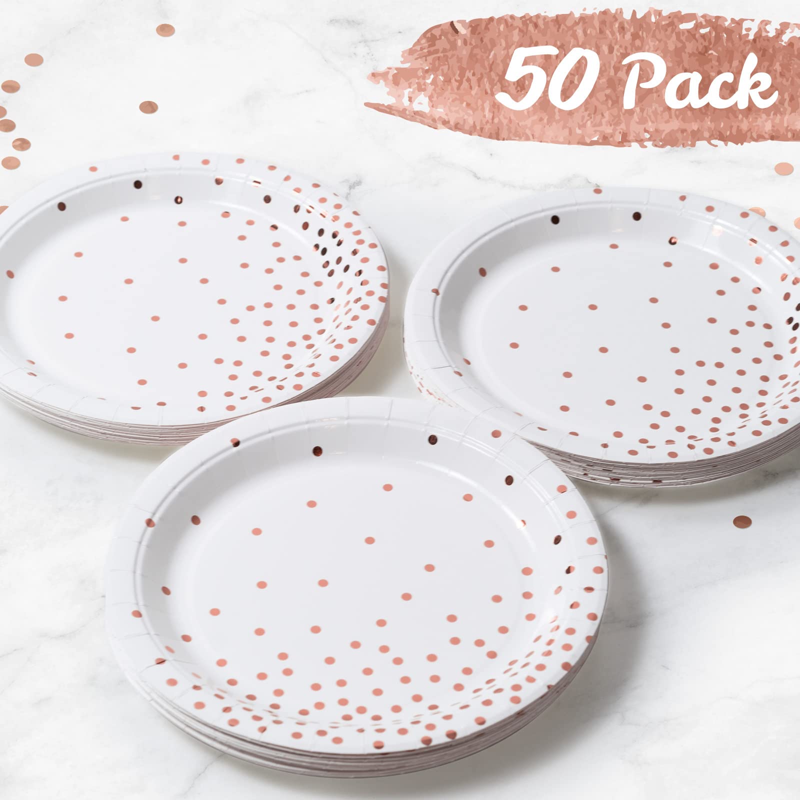 MATICAN 50-Pack Disposable Paper Plates - Elegant White & Rose Gold Foil Polka Dots, 9-Inch
