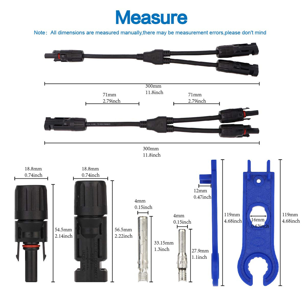 Ruikarhop MC4 Connectors Y Branch 1 to 2 Parallel Adapter Cable Wire Plug,MC4 Assembly Tool and 5 Pair MC4 Male/Female Solar Panel Cable Connectors