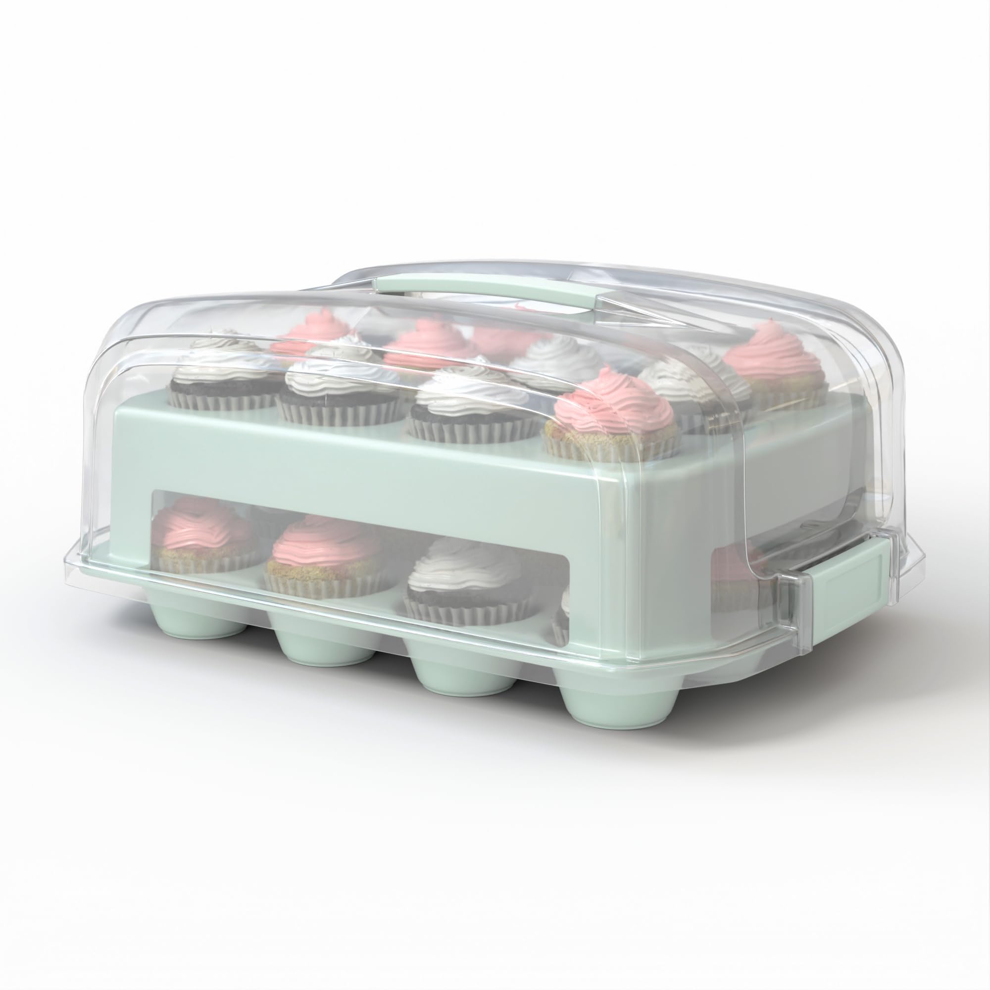 Cupcake Carrier, EXTRA TALL LID, Fashionable Green Cupcake Holder Carries 24 Standard-Size Cupcakes, Durable Muffin Traveler Two Tier Stand and Reusable Cupcake Box (Seafoam Green)