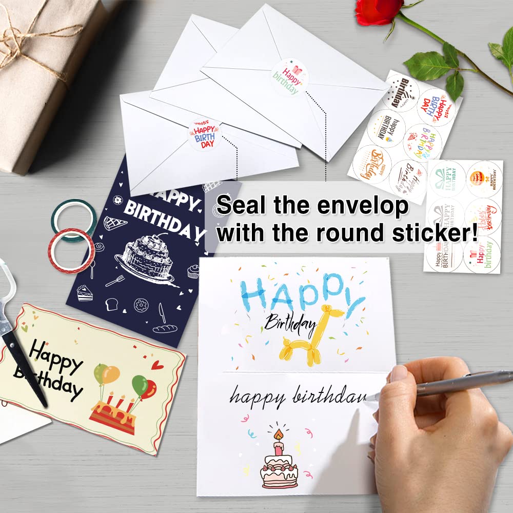feela Birthday Cards, 160 Pack 40 Designs Happy Birthday Card Assorted Bulk with 160 Blank Envelopes 168 Pieces of Stickers 6 Washi Tapes, 4 X 6 Inches Greeting Cards For Girls Family Friends