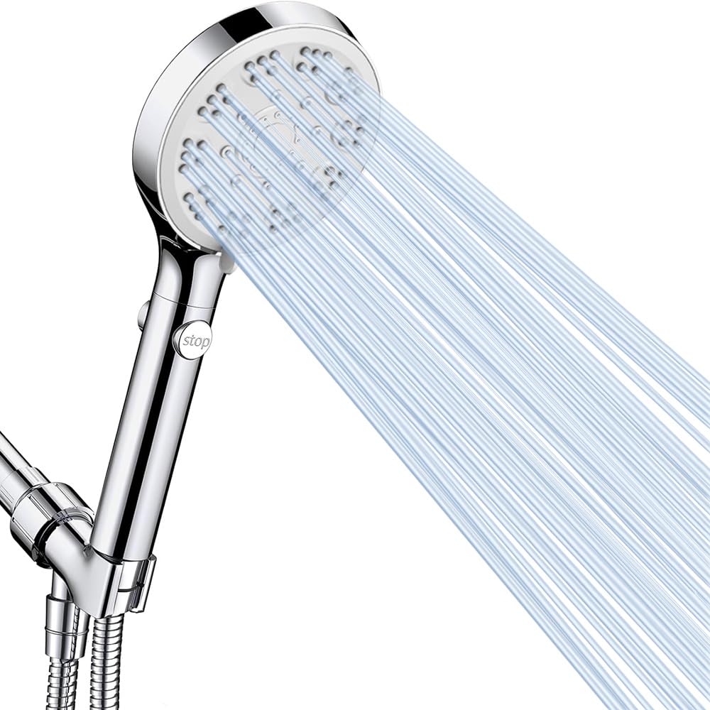 High Pressure Shower Head with ON/Off Pause Switch Button, 5 Spray Handheld Showerhead with Hose and Adjustable Bracket, Chrome, Easy to Wash Hair, Kid Bath, Pet Bath