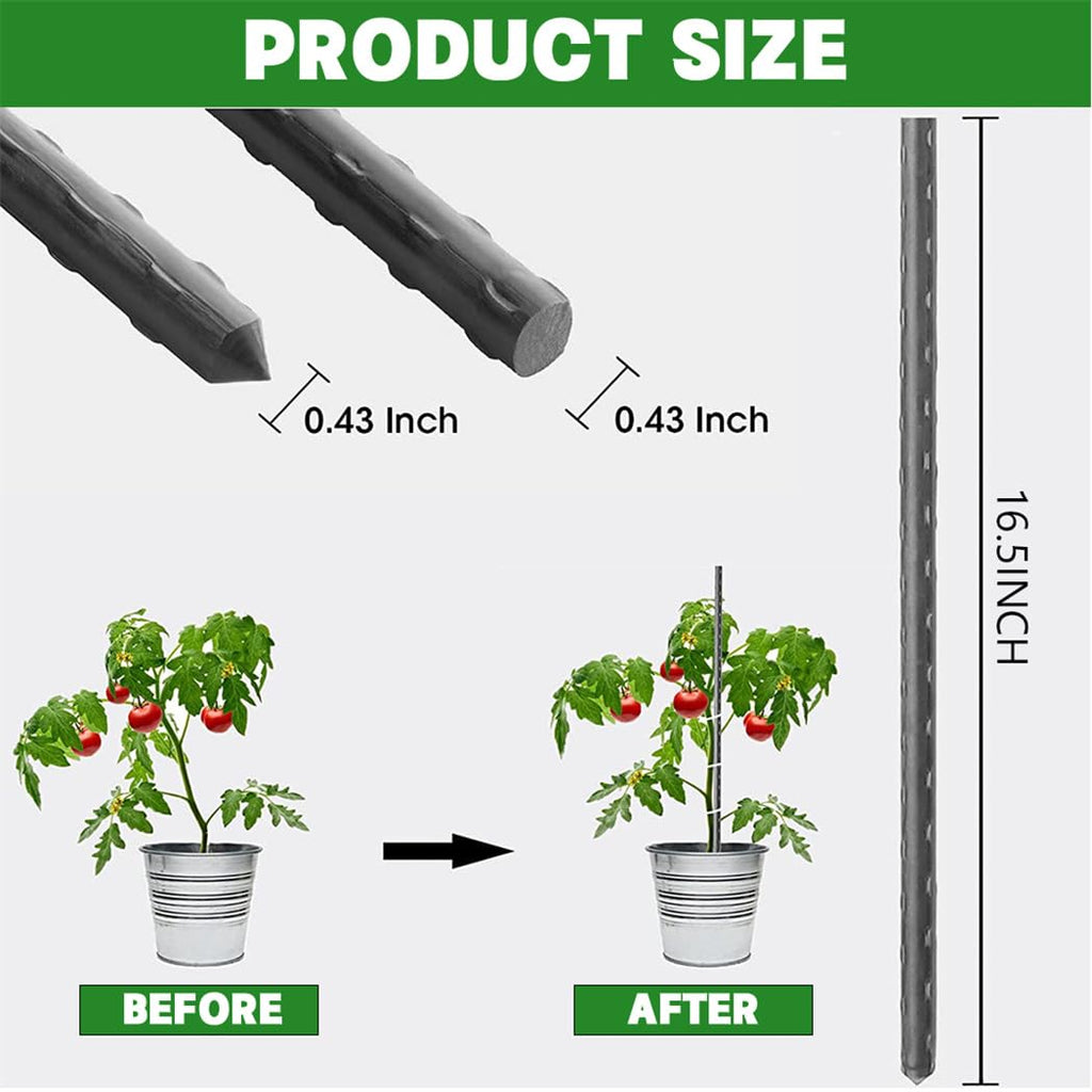 CUNQN Garden Stakes 42cm Plant Stake Metal Pack of 20 Garden Plants Sticks Tomato Stakes Plants Growing Stick with 10 Pcs Connector for Orchid Pea Vegetables Support, black, CQBLACKPPG20US