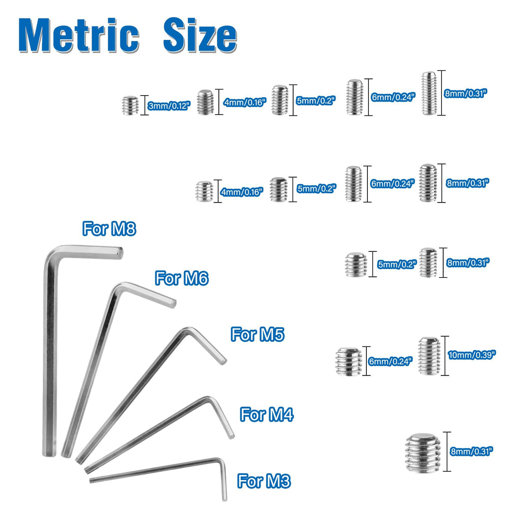 EilxMag 830pcs Metric + Standard SAE Allen Head Socket Hex Grub Screw Set 304 Stainless Steel Internal Hex Drive Cup-Point Screws Assortment Kit (M3-M8, 1/8"-40 to 5/16"-18)
