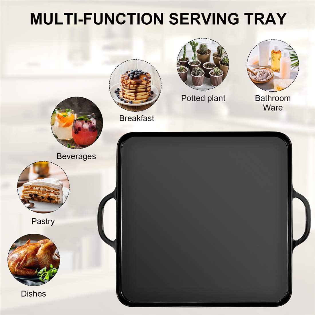 HSDT Black Melamine Serving Tray with Handles 15.3"x12.6" Square Flat Spillproof Tray Set of 2