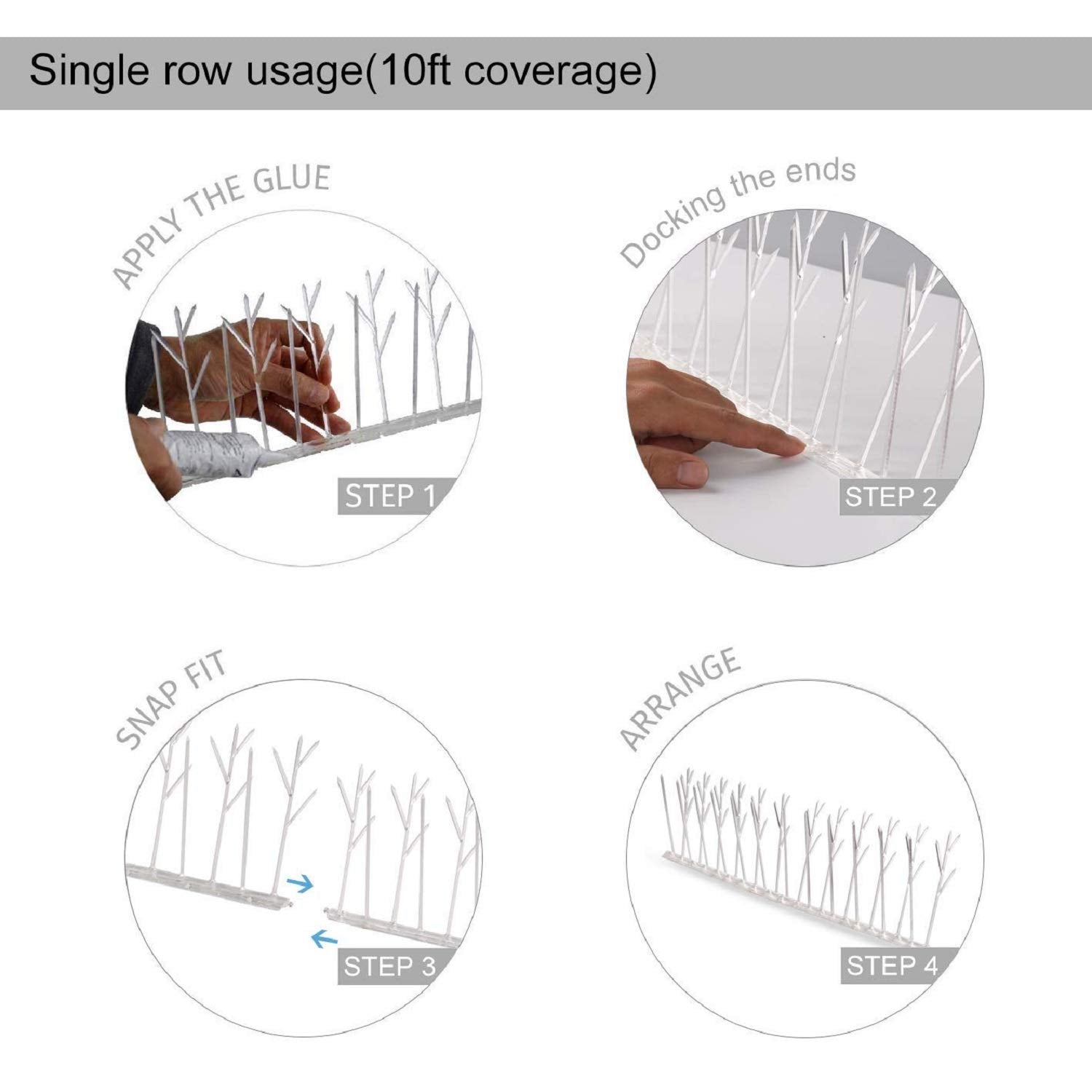 ASPECTEK Polycarbonate Bird Spikes with Adhesive Glue for Ledges and Surfaces, 10-Foot Kit