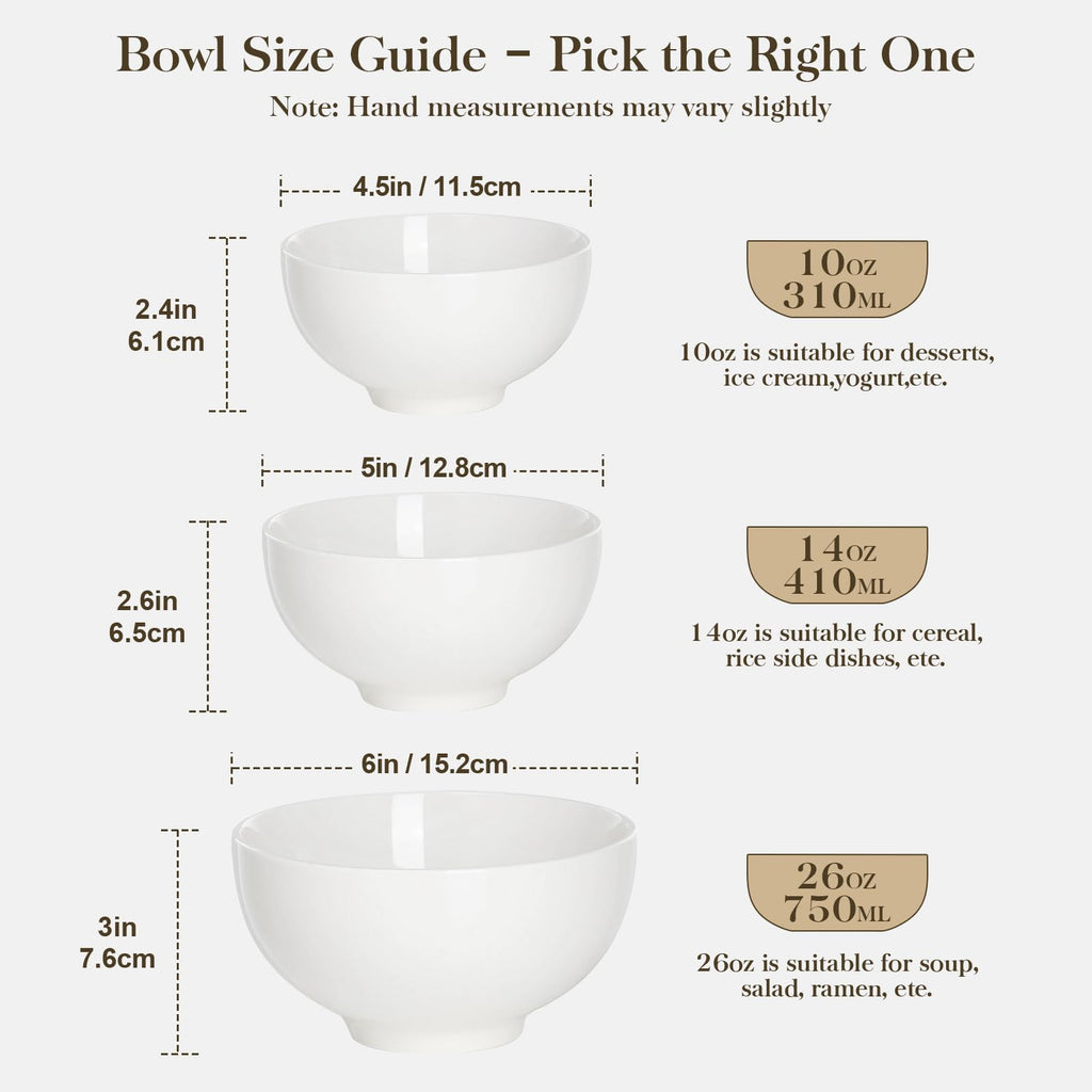 MALACASA 26 oz Porcelain Soup Bowls, 6" Cereal Bowls - White Bowls Set of 4 for Soup, Cereal, Oatmeal, Fruit, Rice - Dishwasher & Microwave Safe, Series Regular