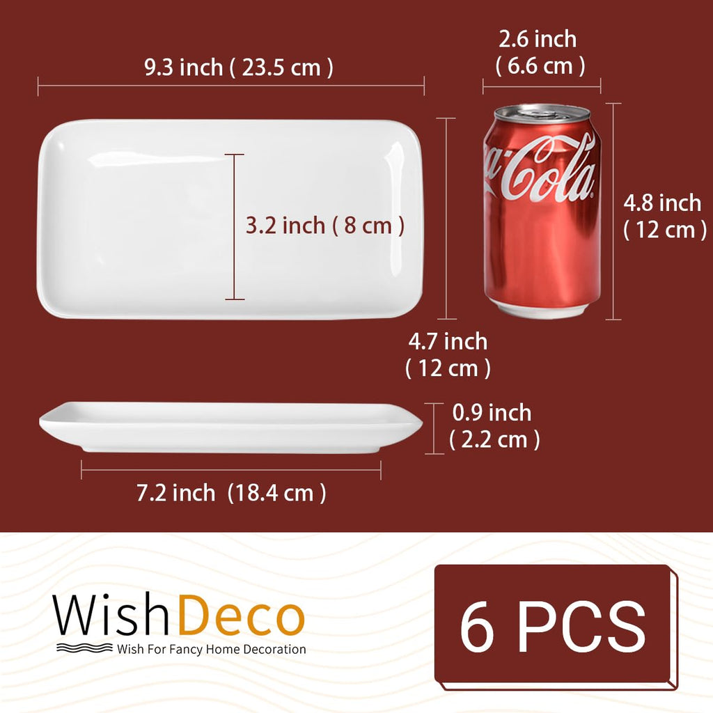 WishDeco Small Rectangle Serving Platters Set of 6, Ceramic Serving Dishes 9 inch / 23 cm, White Serving Tray for Salad, Dessert, Sushi, Party, Side Dish