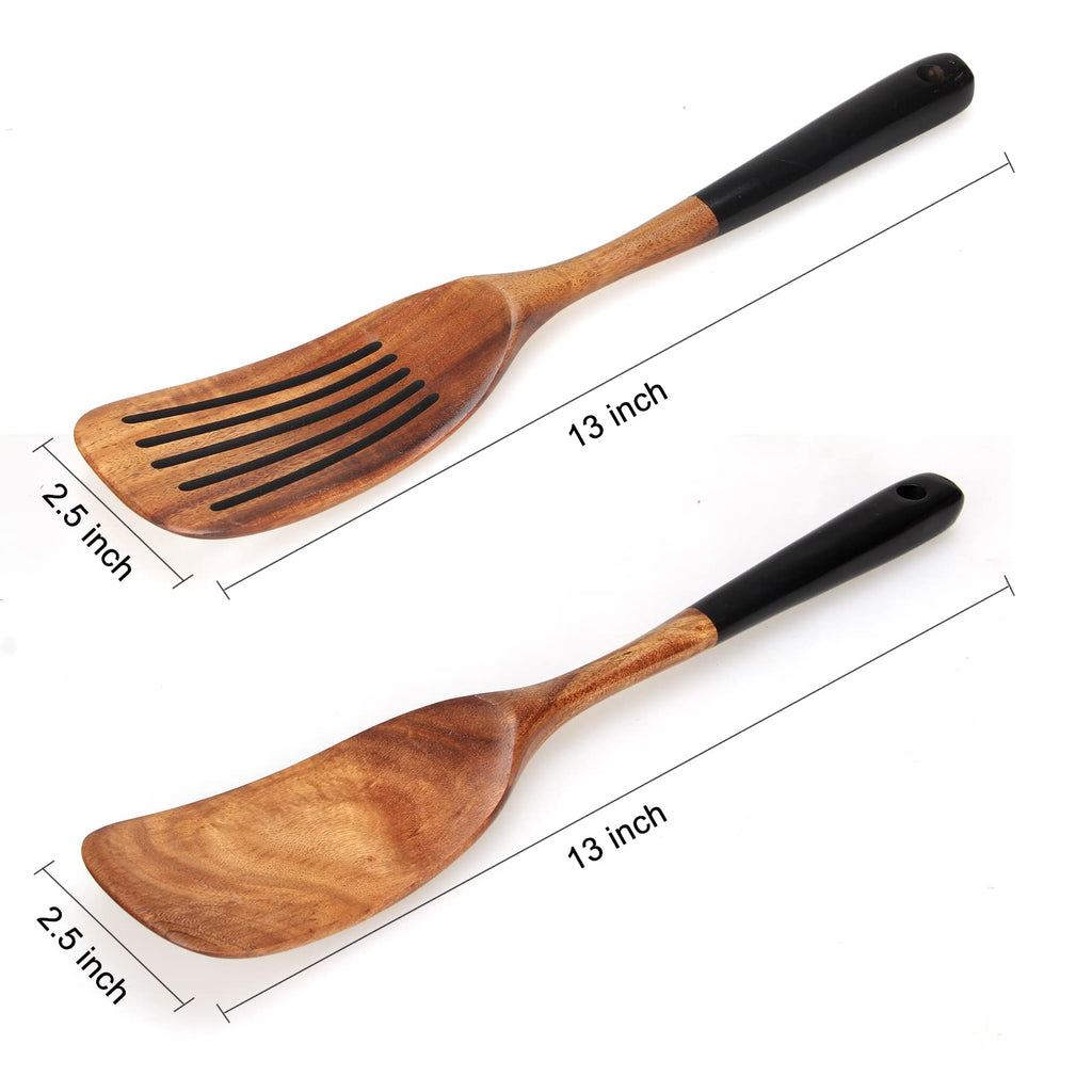 2 Pcs Wooden Spatula Set for Cooking Non Toxic Teak Kitchen Utensils Slotted Pancake Turner Flat Wood Wok Spatulas Bamboo Spoon for Cooking Utensil Set Spurtle Scraper Black Fish Egg Flipper Spatula