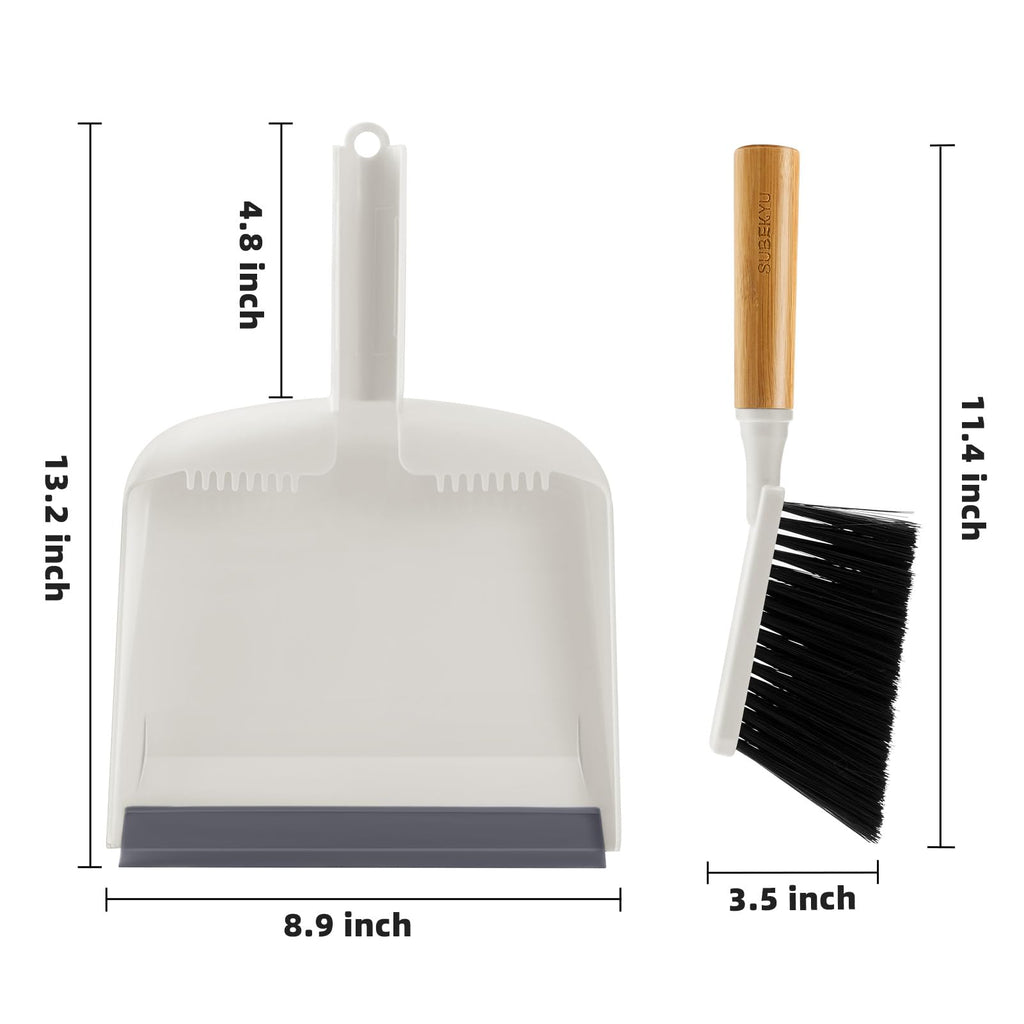 SUBEKYU Dustpan and Brush Set with Bamboo Handle, Hand Small Broom and Dustpan Set for Kitchen/Desktops/Bedroom, White, 1 Set