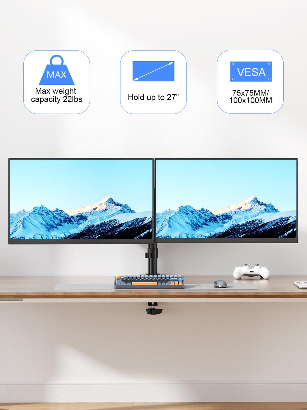 Suptek Dual LED LCD Monitor Desk Mount Heavy Duty Fully Adjustable Stand for 2 / Two Screens up to 27 inch (MD9442)