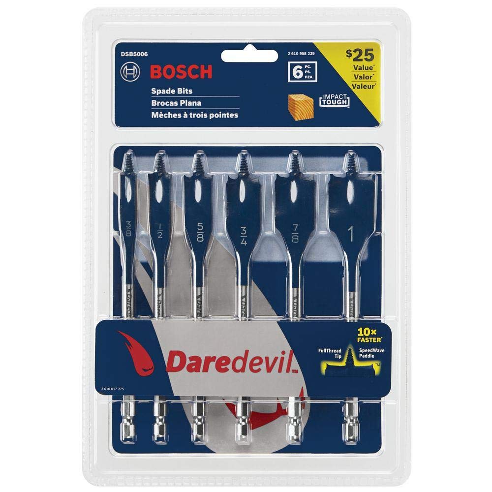 Bosch DSB5006 Daredevil Standard Spade Bit Set w/Power Groove Hex Shank and Full Cone Threaded Tip (6 Piece Set), Blue