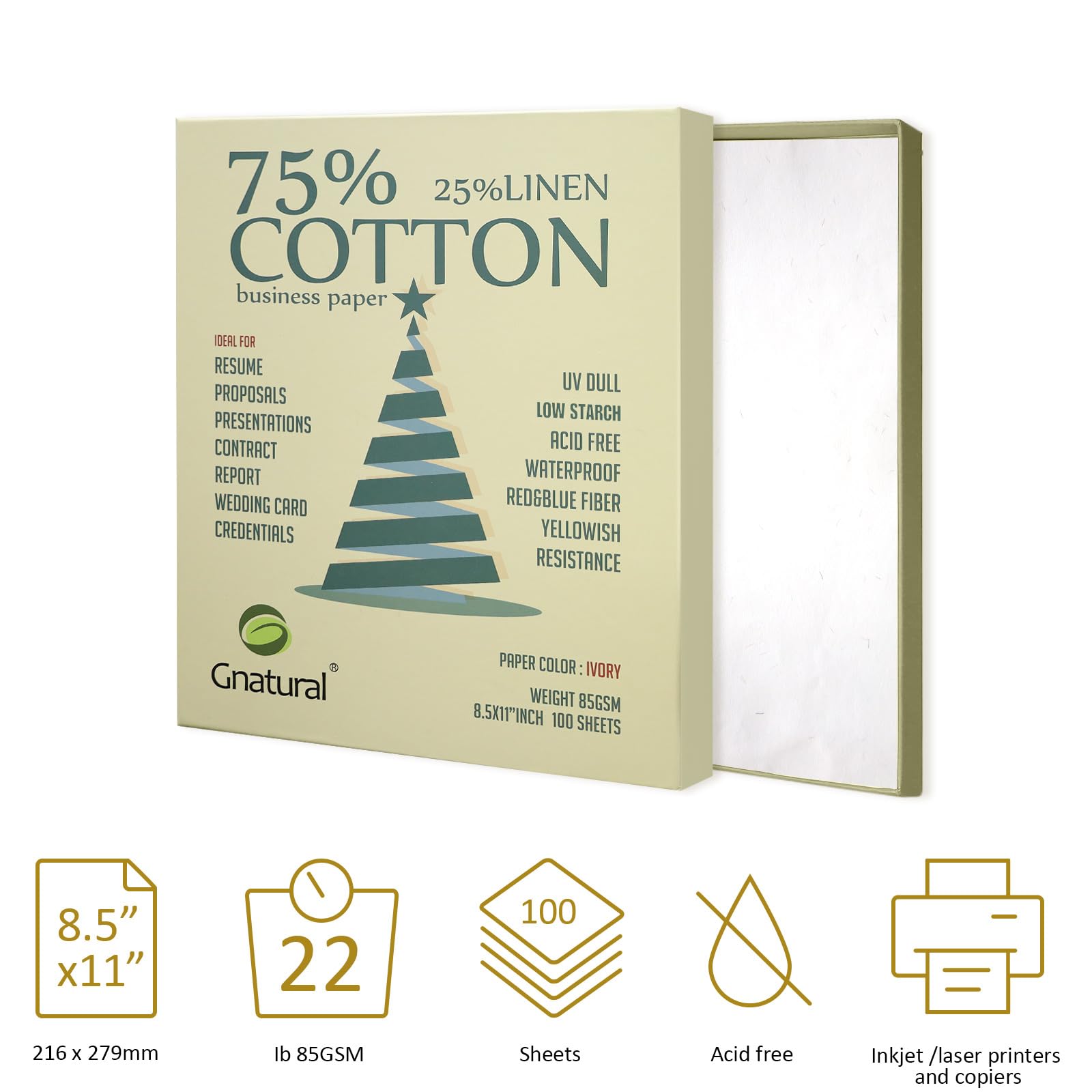 Gnatural 75% Cotton, 25% Linen, Ivory Business Paper, 85 gsm, 8.5" W x 11" L, Non Wet Print Paper, 100 per Box with Low Starch