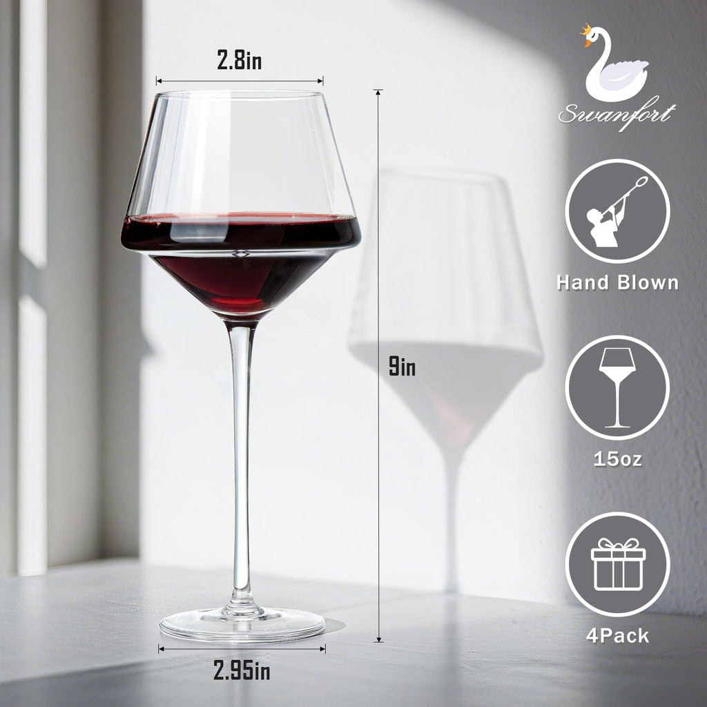 Swanfort Red Wine Glasses Set of 4，Hand Blown Crystal Wine Glasses with Stem, Unique Design Long Stem Wine Glass with Box for All Purpose 14.5 OZ
