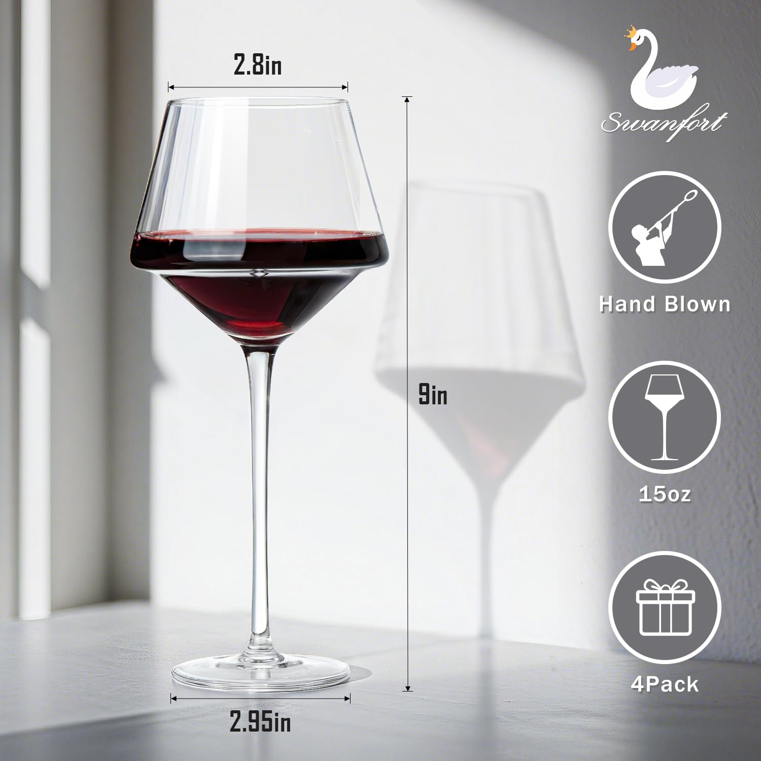 Swanfort Red Wine Glasses Set of 4，Hand Blown Crystal Wine Glasses with Stem, Unique Design Long Stem Wine Glass with Box for All Purpose 14.5 OZ