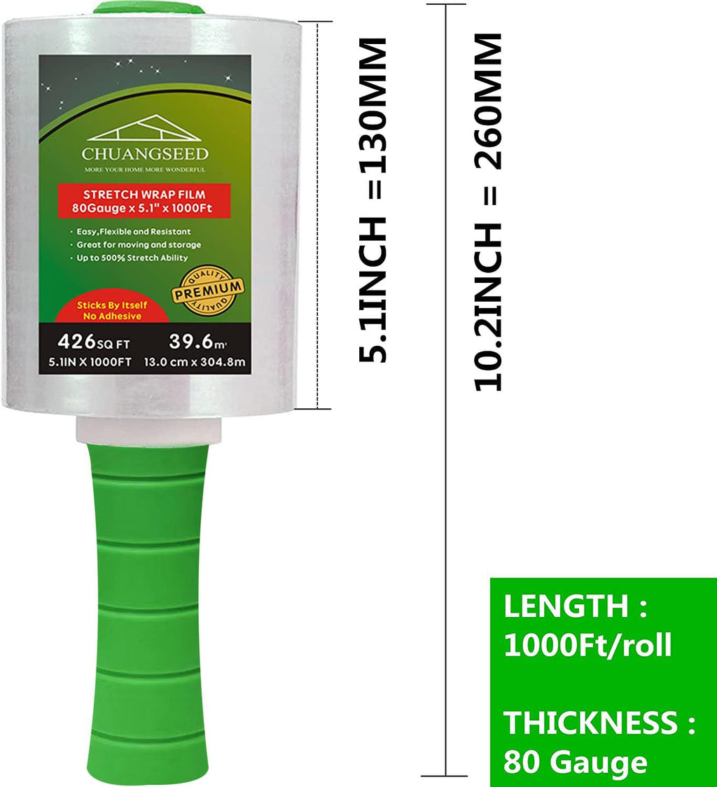 CHUANGSEED 2-Pack Industrial Mini Clear Stretch Wrap Film 80 Gauge 5.1" 1000ft for Pallet Wrap, Durable Self-Adhering Packing, Moving, Packaging, Heavy Duty Shrink Film