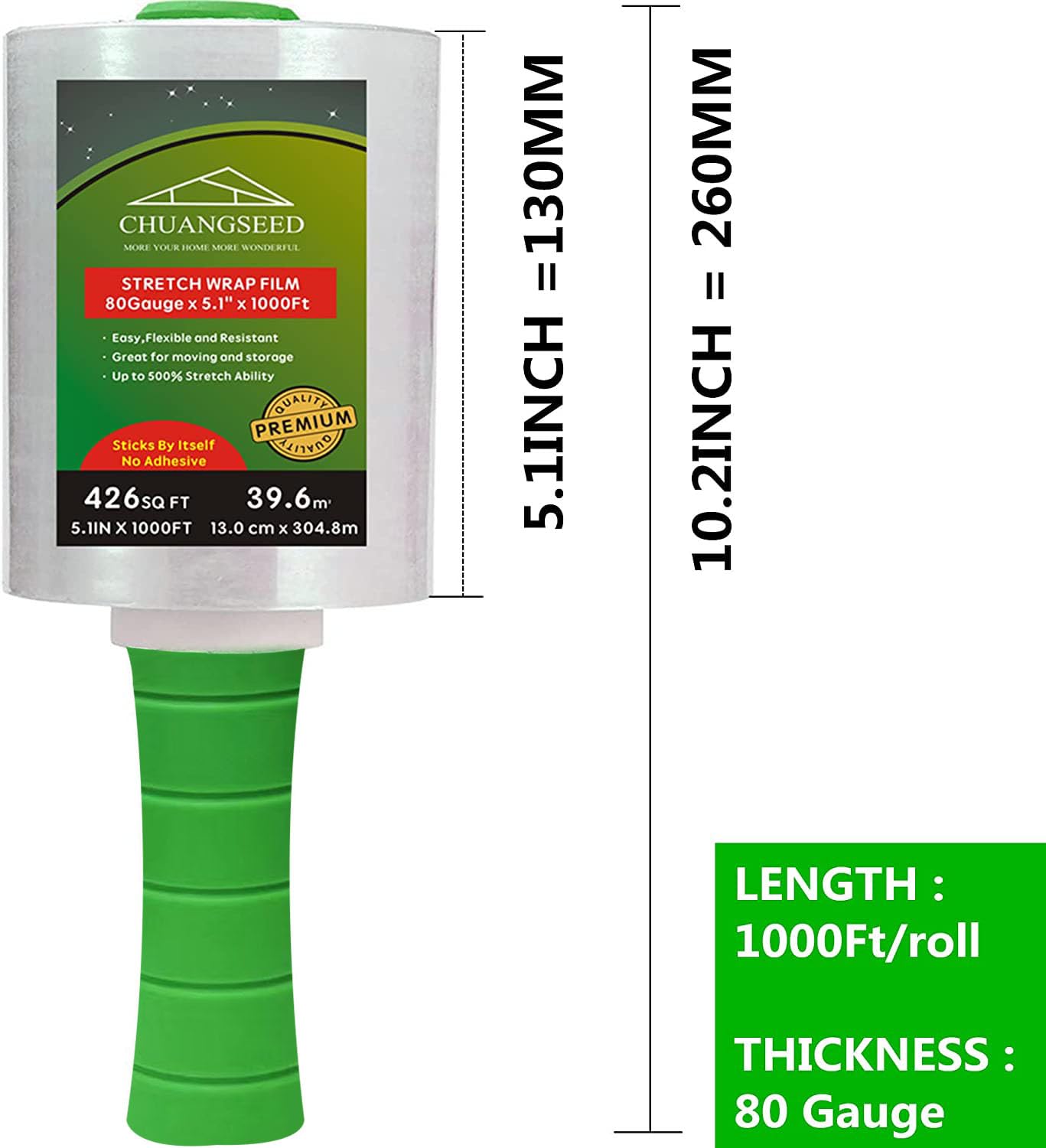 CHUANGSEED 2-Pack Industrial Mini Clear Stretch Wrap Film 80 Gauge 5.1" 1000ft for Pallet Wrap, Durable Self-Adhering Packing, Moving, Packaging, Heavy Duty Shrink Film