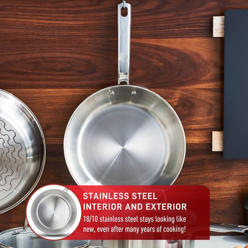 T-FAL Stainless, Frypan Skillet,30 cm, Premium Grade 18/10 Stainless Steel, Encapsulated Base, with Interior Measuring Marks, Induction Safe, Oven-Safe up to 500˚F, Silver