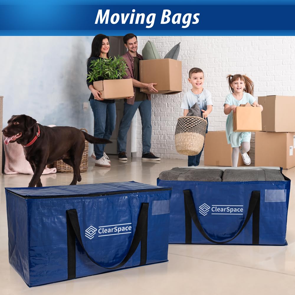 ClearSpace Heavy Duty Moving Bags or Storage Bag, 6 Pack – Large Moving Boxes with Backpack Straps, Zippers & Handles – Perfect for College Dorm, Traveling, Camping, Christmas Decorations
