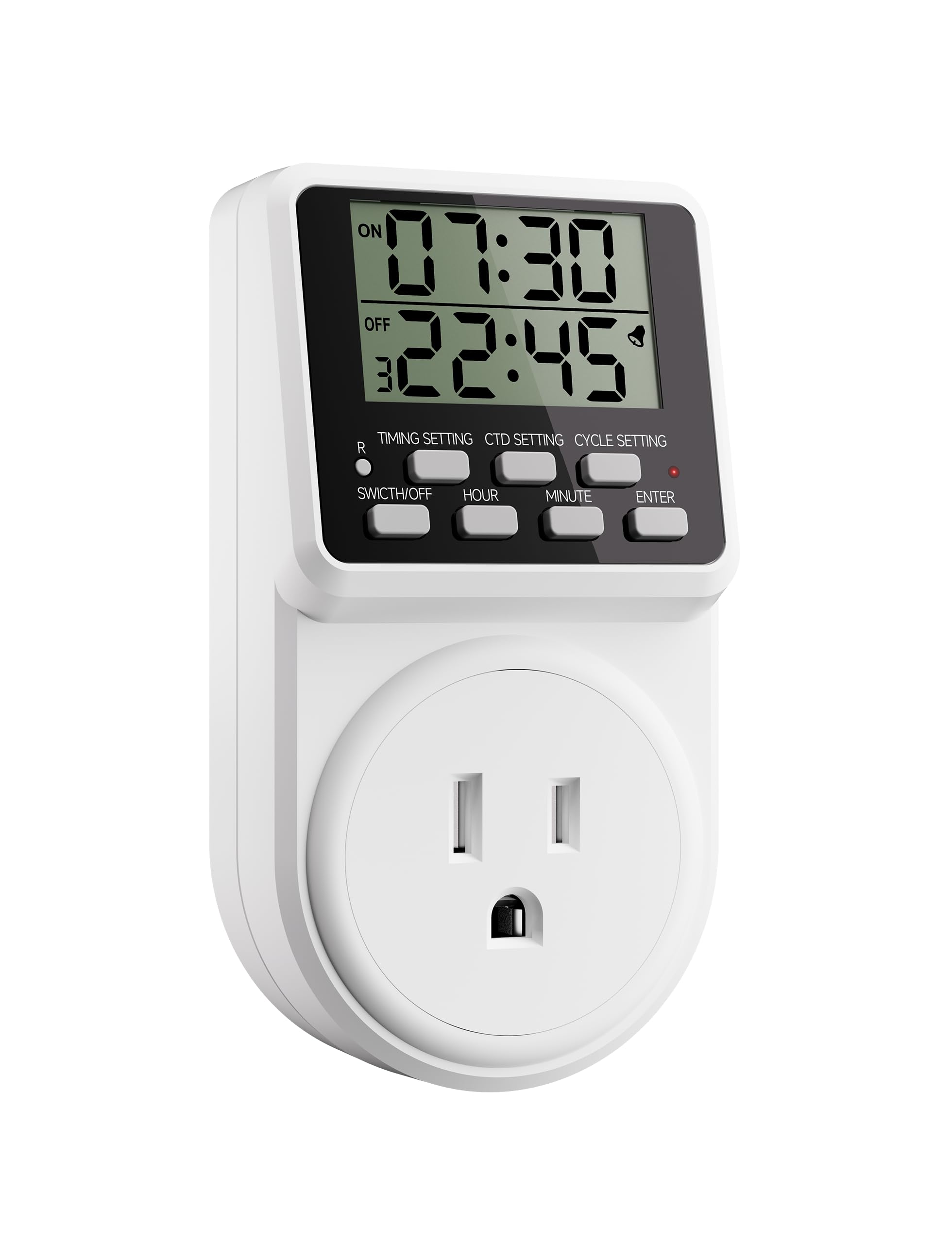 Techbee Digital Programmable Outlet Timer Plug Indoor Short Period Repeat Cycle Timer Switch with 24 Hour Countdown Delay ON/Off for Electrical Power (120V, 15A)