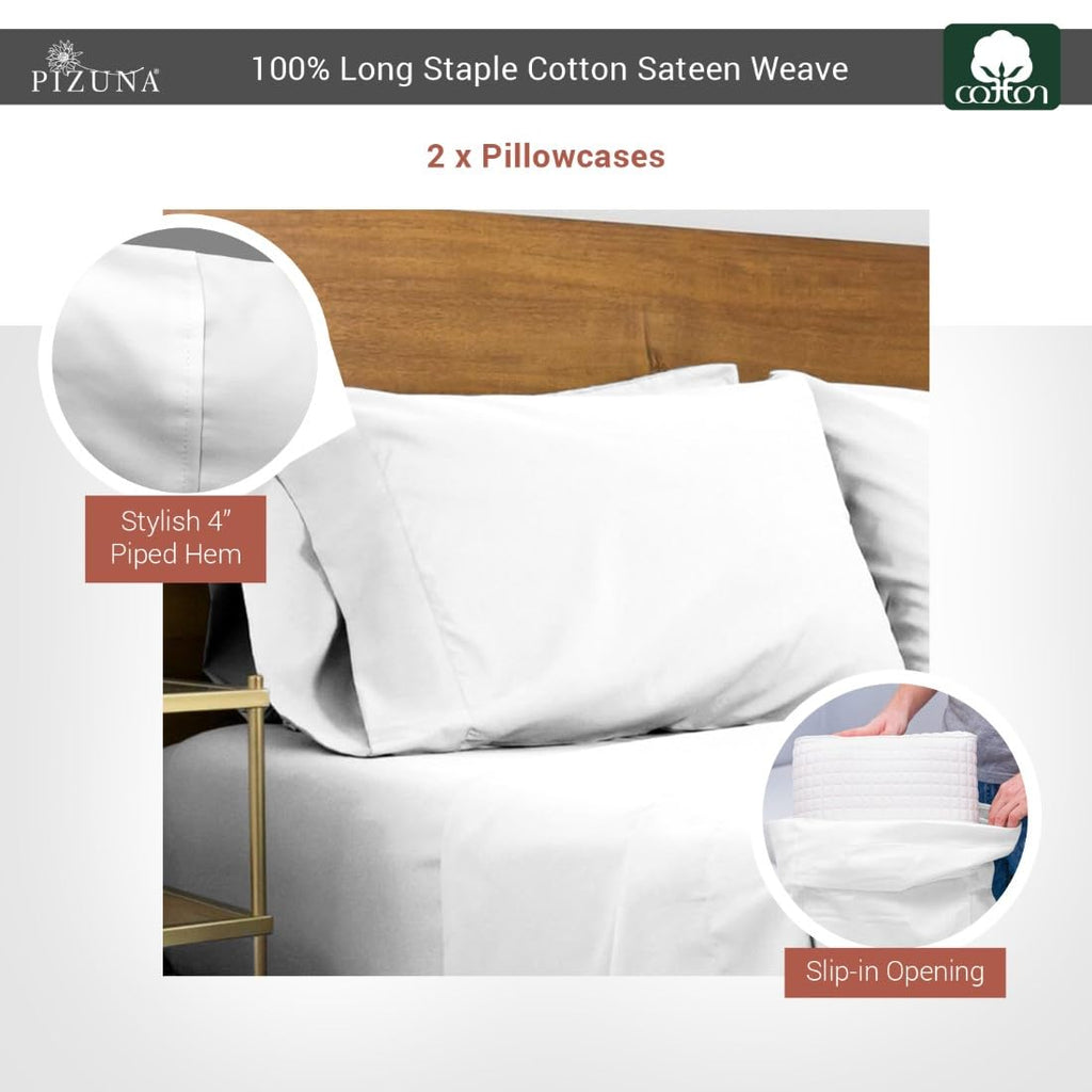 Pizuna Cotton King Pillow Cases 2 Pack White, 400 Thread Count 100% Long Staple Combed Cotton Sateen Weave Pillowcase with Stylish 10 cm Hem (100% Cotton King Pillow Covers White)