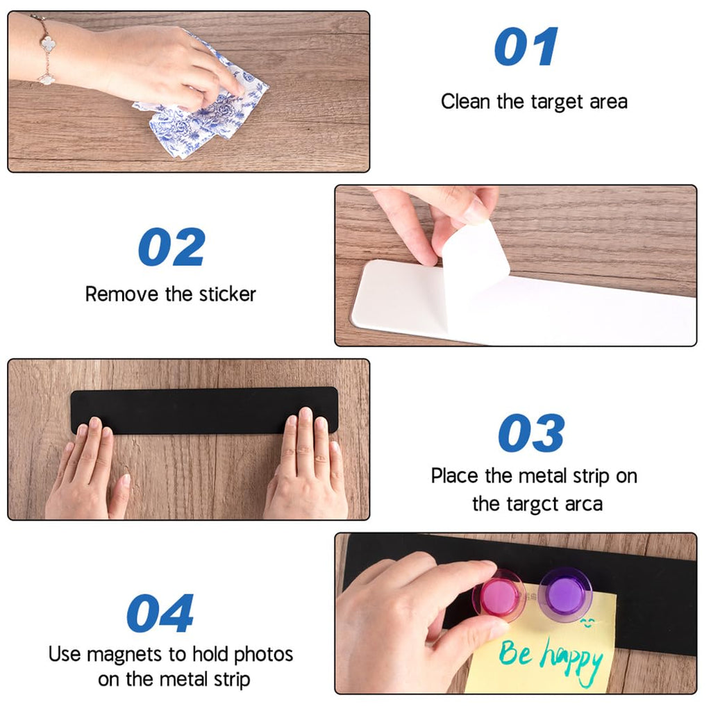 Magnetic Bulletin Board 6PCS Frameless Iron Board Strips Memo Board Bar Adhesive Backing Stainless Whiteboard Strips with 20PCS Magnet for Classroom Office Kitchen