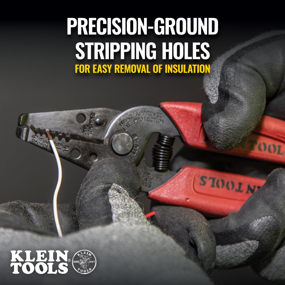 Klein Tools 11046 Wire Stripper, Wire Cutter, Stripping/Cutting Tool for 16-26 AWG Stranded, Compact Nose with Precision-Ground Stripping Holes