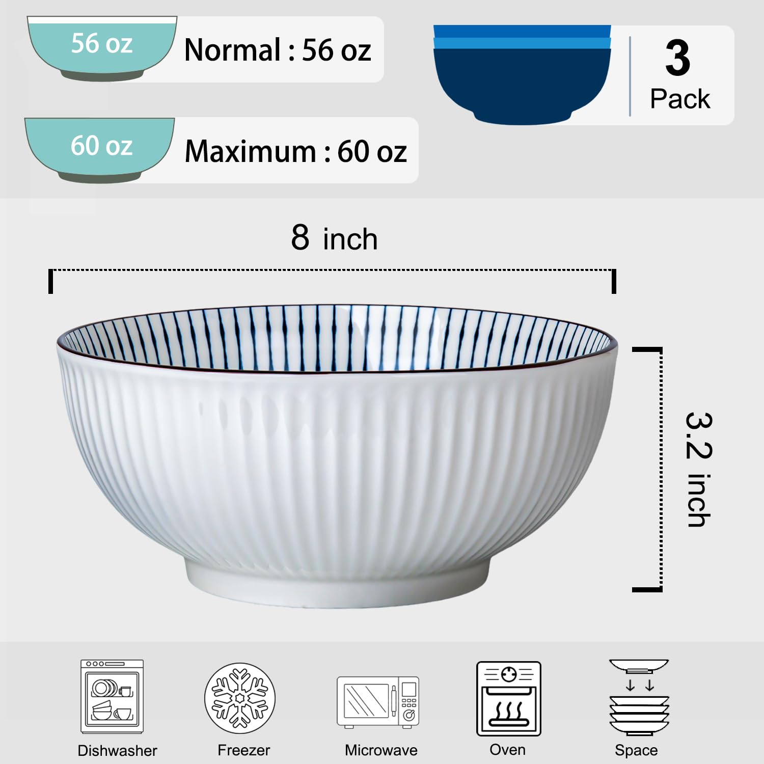 Dyware 60 oz Large Soup Bowl, Pho Bowls, 8 Inch Blue and White Porcelain Japanese Ramen Bowls Set of 3 - Striped Pattern