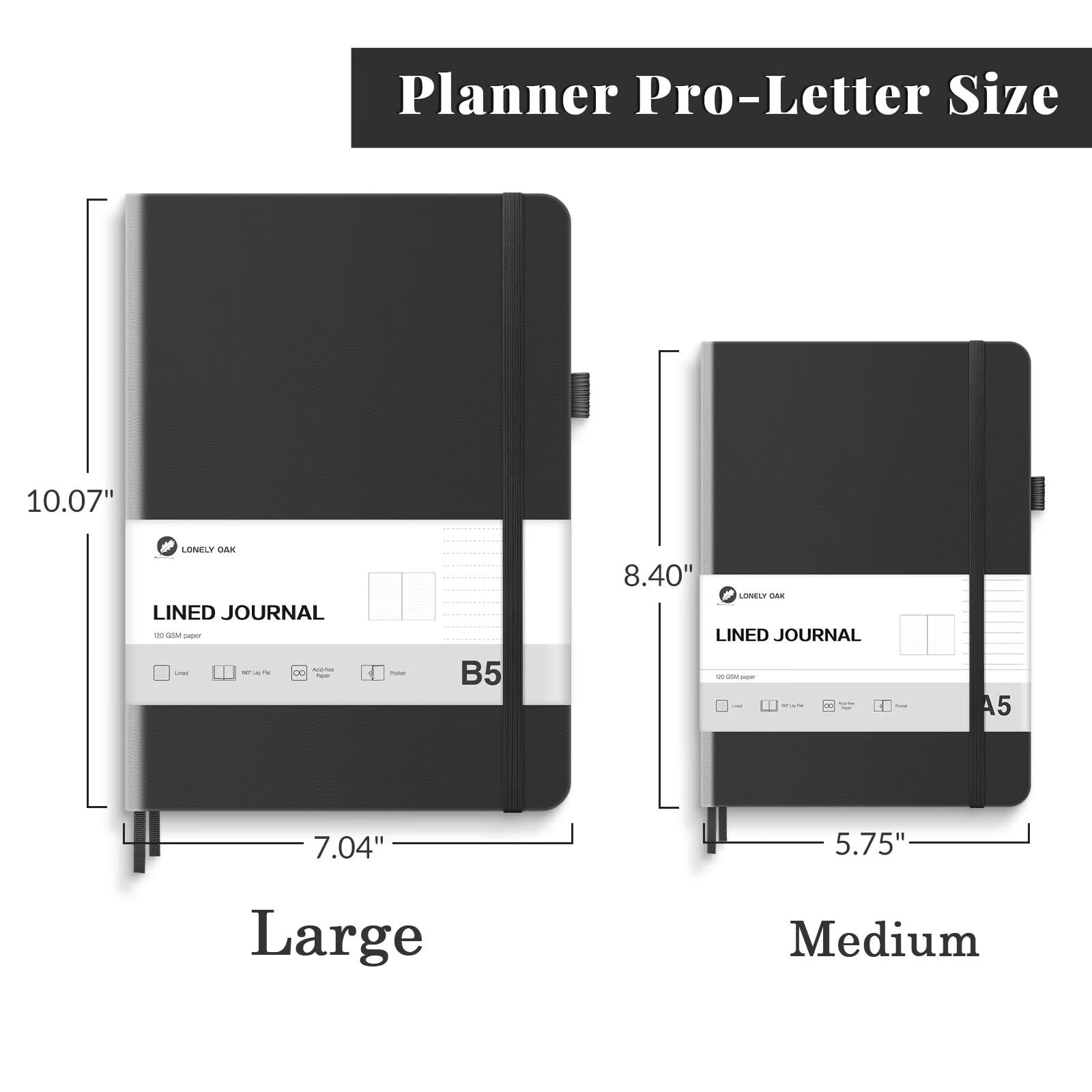 Lonely Oak Lined Journal Notebook, B5 Hardcover Lined Notebook for Women & Men, 120GSM Acid-Free Paper with Leather Hardcover and Inner Pocket, Daily Diary Journal for Work(Black)