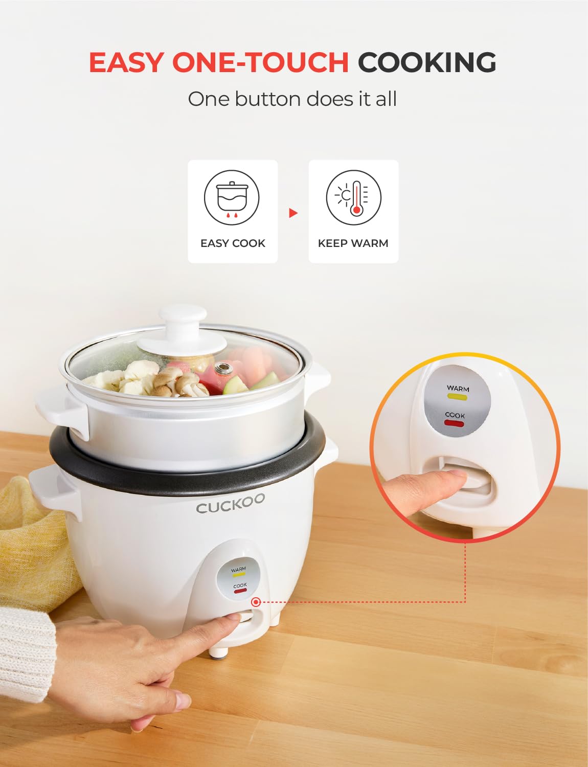 CUCKOO One Touch Rice Cooker 3-Cup (Uncooked) / 6-Cup (Cooked), Mini Rice Cooker & Warmer with Steamer Tray, Versatile Grain Cooker, Soup Maker, Auto Keep Warm, White (CR-0301C)