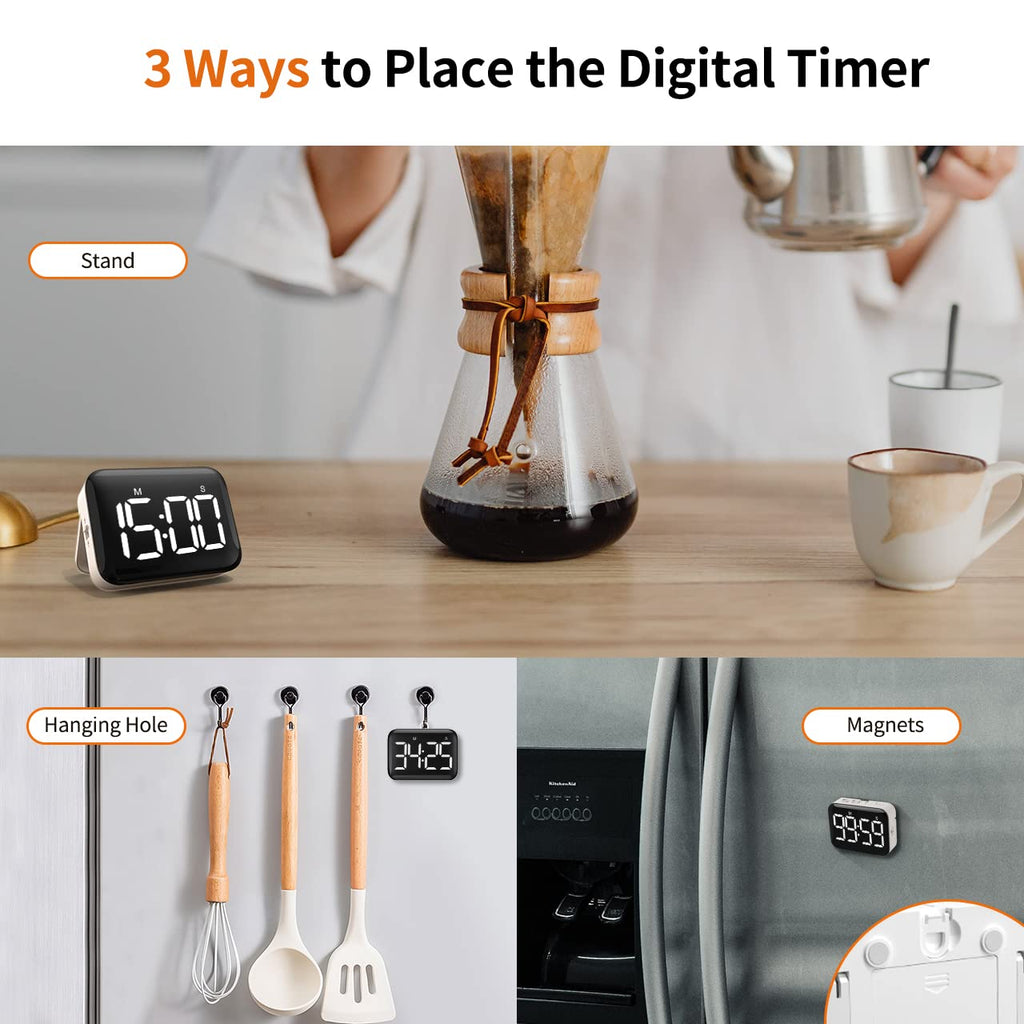 VOCOO Magnetic Kitchen Timer for Cooking with Count Up Countdown, Digital Timer Battery Powered with Large Display, 2 Brightness and Volume Levels for Classroom, Teacher, Kids (White)