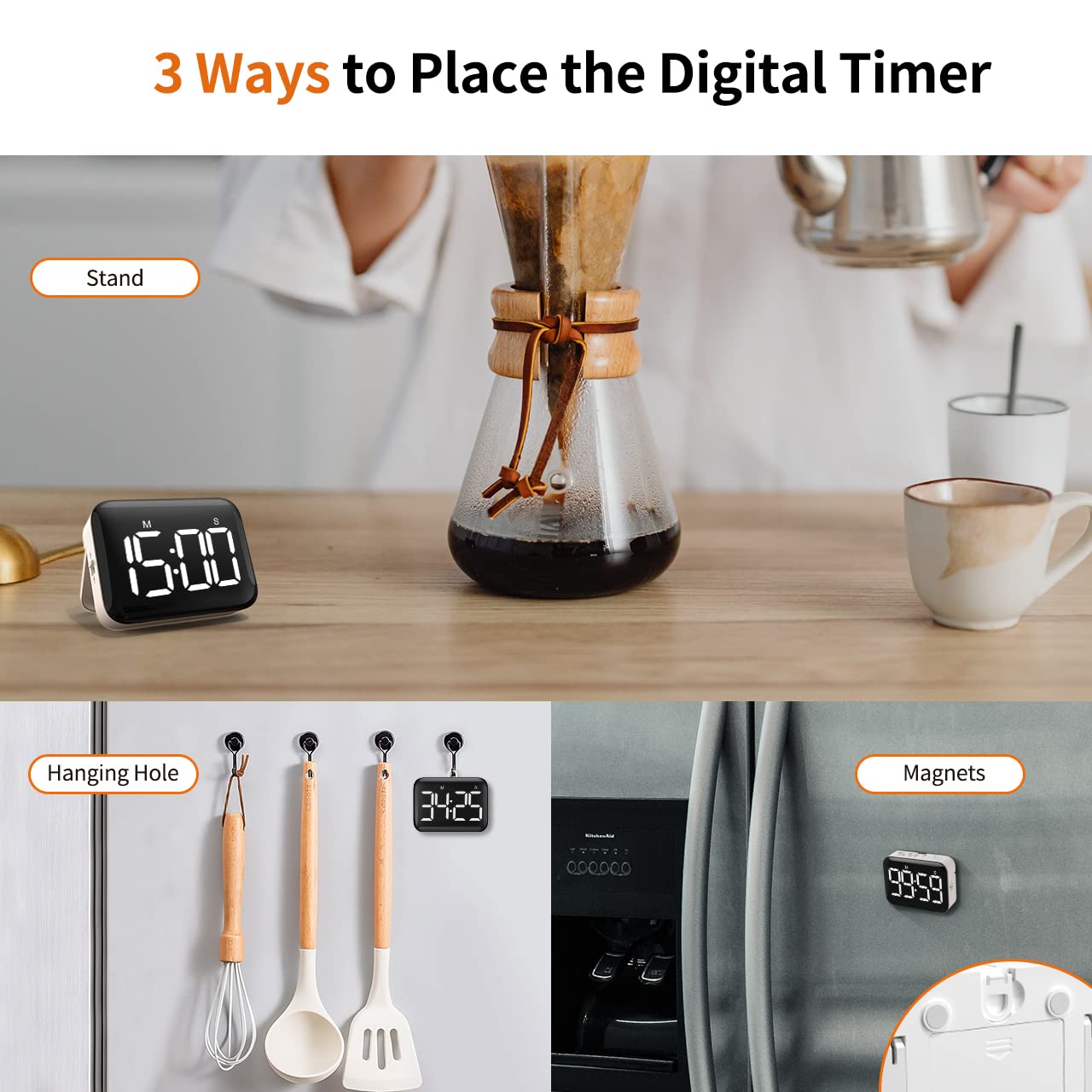 VOCOO Magnetic Kitchen Timer for Cooking with Count Up Countdown, Digital Timer Battery Powered with Large Display, 2 Brightness and Volume Levels for Classroom, Teacher, Kids (White)