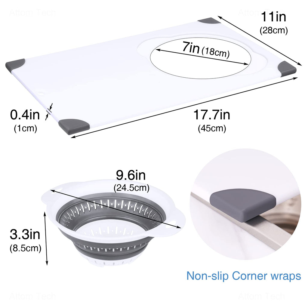NiHome Over the Sink Cutting Board with Collapsible Colander, 2-In-1 Sink Drainer Board 11"x17.7" Anti-Slip Cutting Board and Detachable Draining Basket with Ergonomic Handle PP Plastic and TPR Rubber