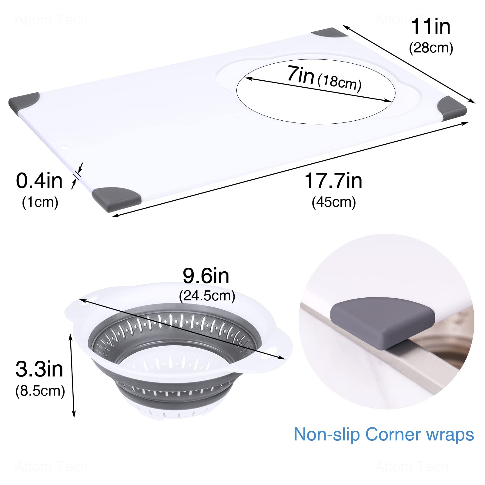 NiHome Over the Sink Cutting Board with Collapsible Colander, 2-In-1 Sink Drainer Board 11"x17.7" Anti-Slip Cutting Board and Detachable Draining Basket with Ergonomic Handle PP Plastic and TPR Rubber