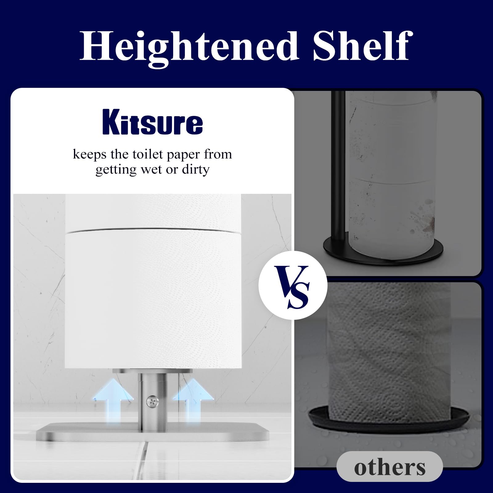 Kitsure Toilet Paper Roll Holder Free Standing – Rustproof Metal Toilet Paper Stand for 4 Rolls with Anti-Slip Base and Shelf for Phone & Small Items, Silver, 63.0 x 23.5 x 15.0 cm