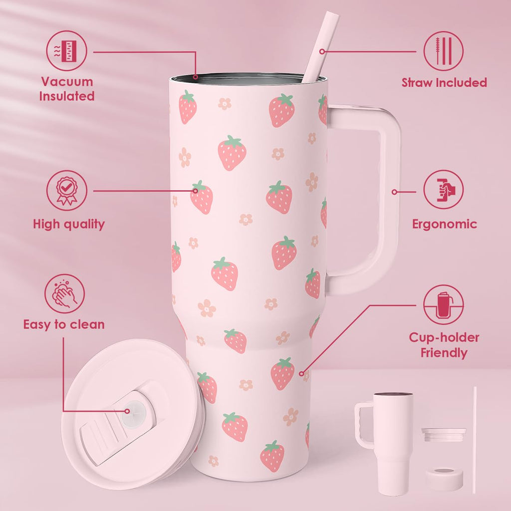 SANDJEST Strawberry Tumbler with Handle 40oz – Insulated Stainless Steel Travel Coffee Mug Cup for Girls Women, Gift for Christmas, Birthday