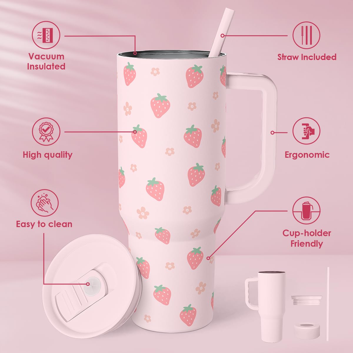 SANDJEST Strawberry Tumbler with Handle 40oz – Insulated Stainless Steel Travel Coffee Mug Cup for Girls Women, Gift for Christmas, Birthday