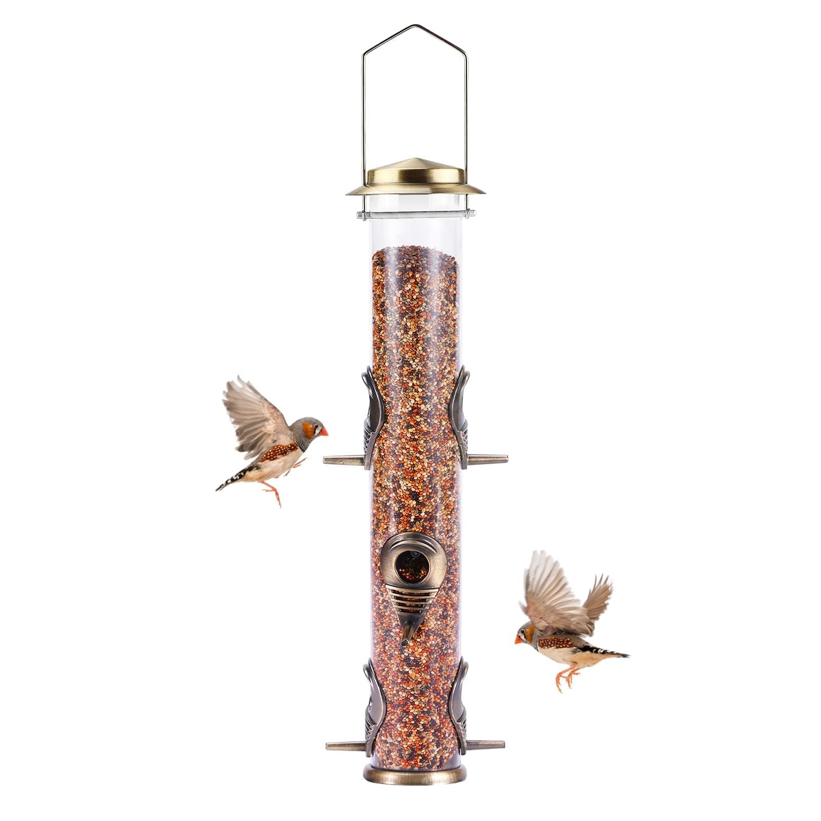 MIXXIDEA Metal Bird Feeder with 6 Feeding Ports, Bird Feeders for Outdoor Hanging, 16 inch Tube Bird Feeder with Steel Hanger & Hard Plastic, Attracting for Wild Birds (Bronze)