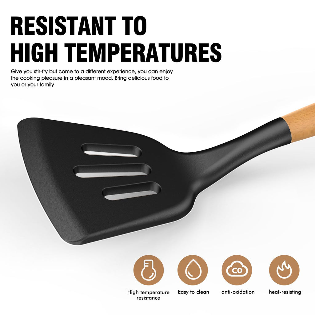 Silicone Cooking Utensils Set - Silicone Kitchen Utensils for Cooking Wooden Handles, 446°F Heat Resistant Kitchen Utensil Spatula Sets w Holder, Gadgets for Non-Stick Cookware BPA Free (Black)