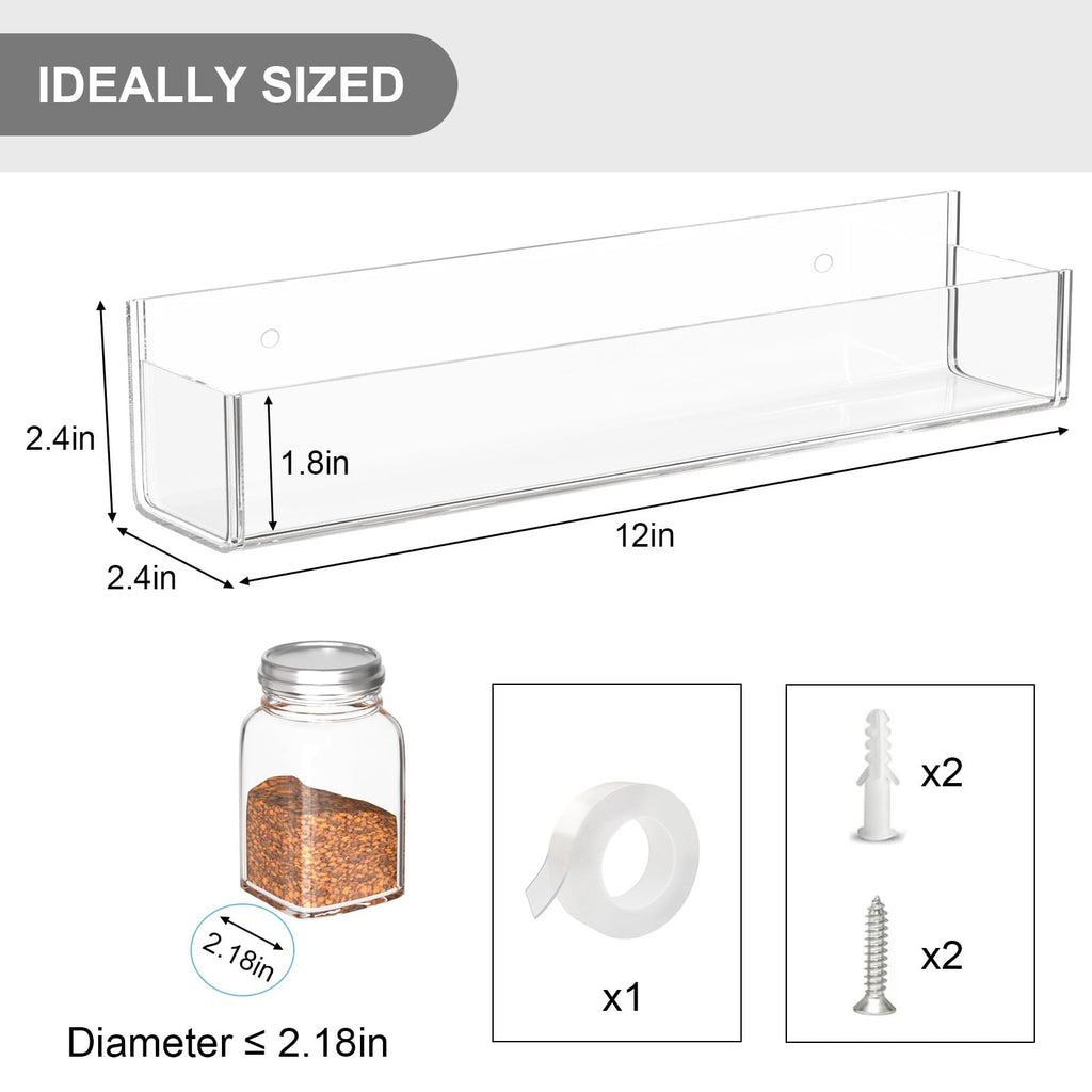 PMMASTO Adhesive Spice Rack Organizer for Cabinet, Acrylic Spice Rack Wall Mount, Space-Saving Spice Organizer Wall Spice Rack for Kitchen Cabinet, Cupboard, Countertopor Pantry Door (Clear - 4 PACK)