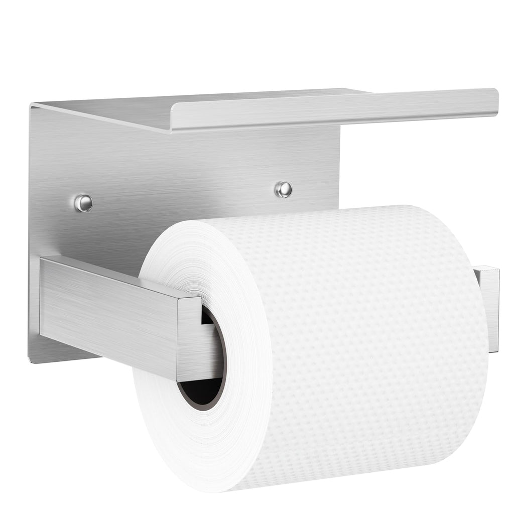 Auxmir Toilet Paper Holder with Shelf, SUS304 Stainless Steel Toilet Paper Roll Holder, Self Adhesive or Screw in Wall Mounted Toilet Tissue Holder for Bathroom Kitchen Washroom RV, Brushed Nickel