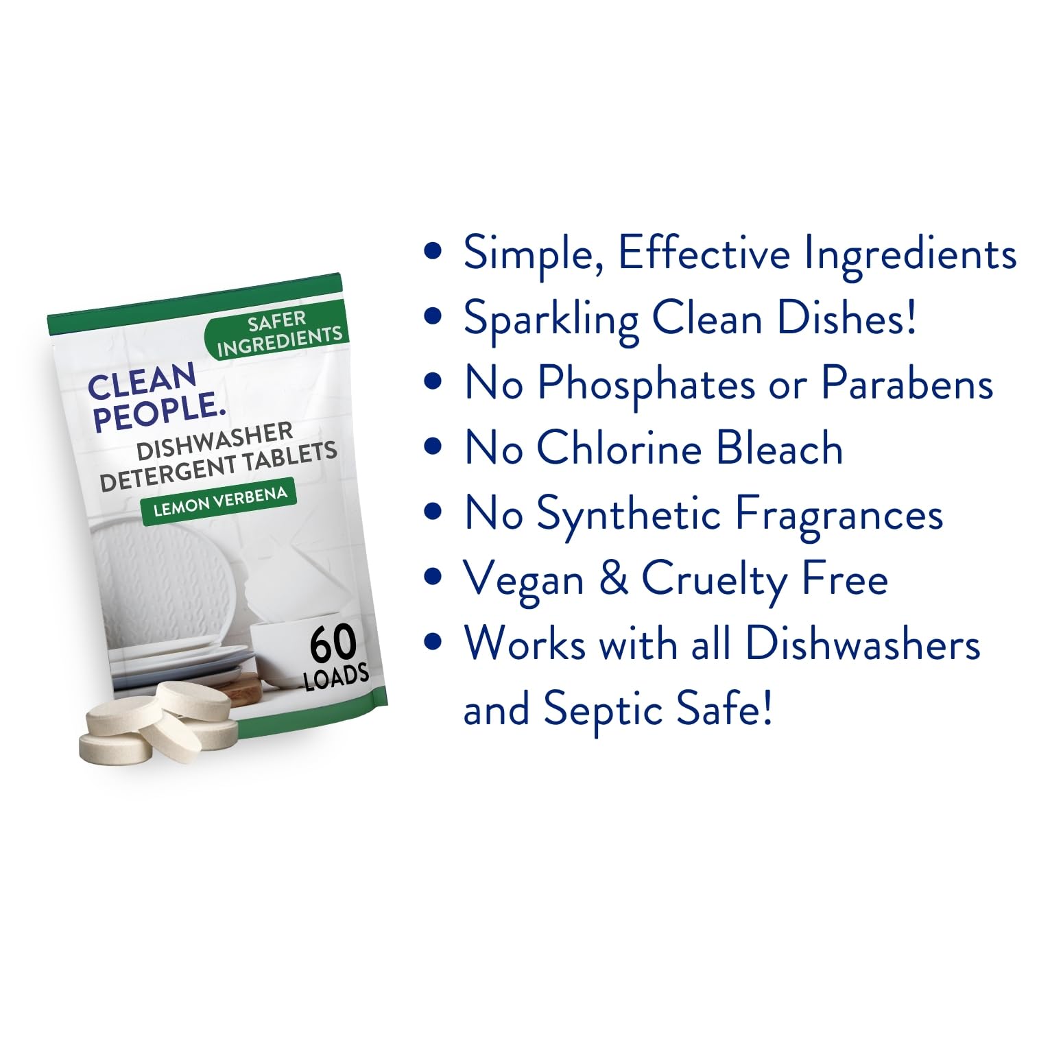 The Clean People Dishwasher Tablets - Cuts Grease & Rinses Sparkling Clean - Residue-Free - Phosphate Free Dishwashing Tablets (60 Count, Lemon Verbena)